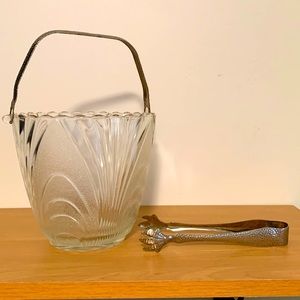 Vintage Art Deco Style frosted glass ice bucket with tongs